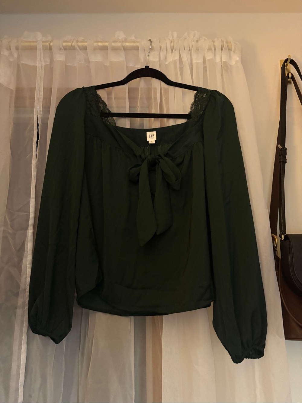 GAP Dark Green Tie-Neck Lace-Trim Blouse